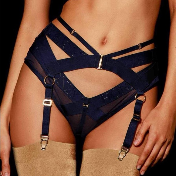 NWT Honey Birdette RARE Elvis Navy Bra, garter, panty, thong - Picture 3 of 3